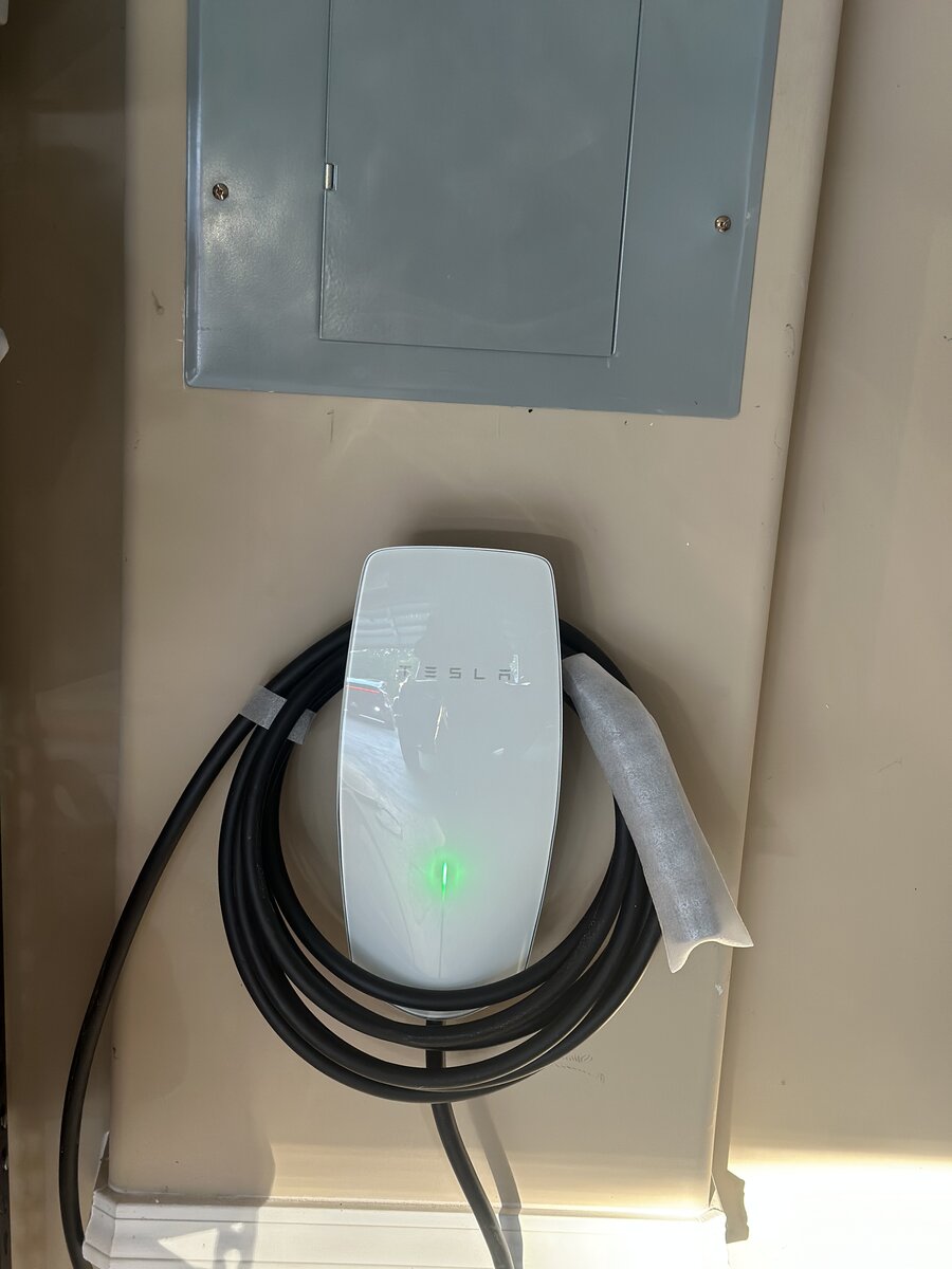 Tesla EV charger dedicated breaker and wiring closeup